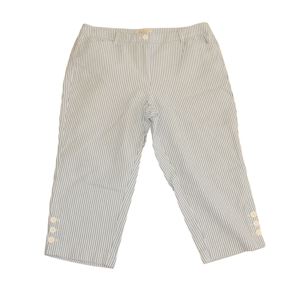 Talbots Women Size 14 P Capri Blue White Striped Seersucker Button legs